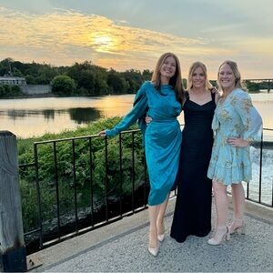 RONNY KOBO teal jade blue satin leaf print draped long sleeve midi dress